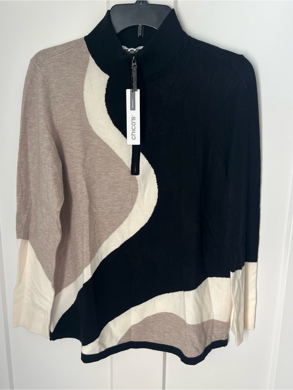 Chico's Black, Taupe & Cream Zip-Neck Colorblock Sweater